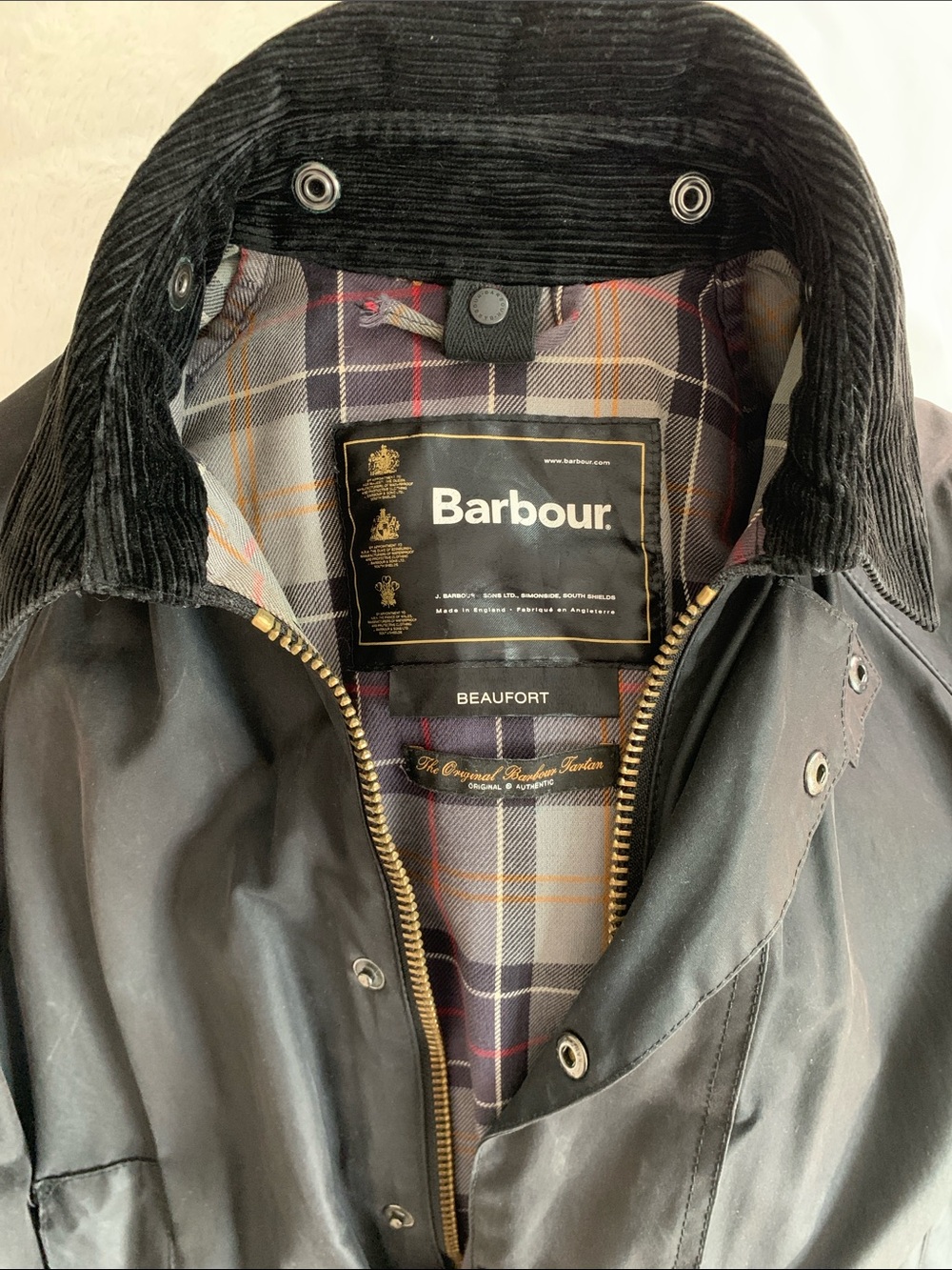 Vintage Barbour Black Beaufort Waxed Cotton Jacket with Tartan Lining